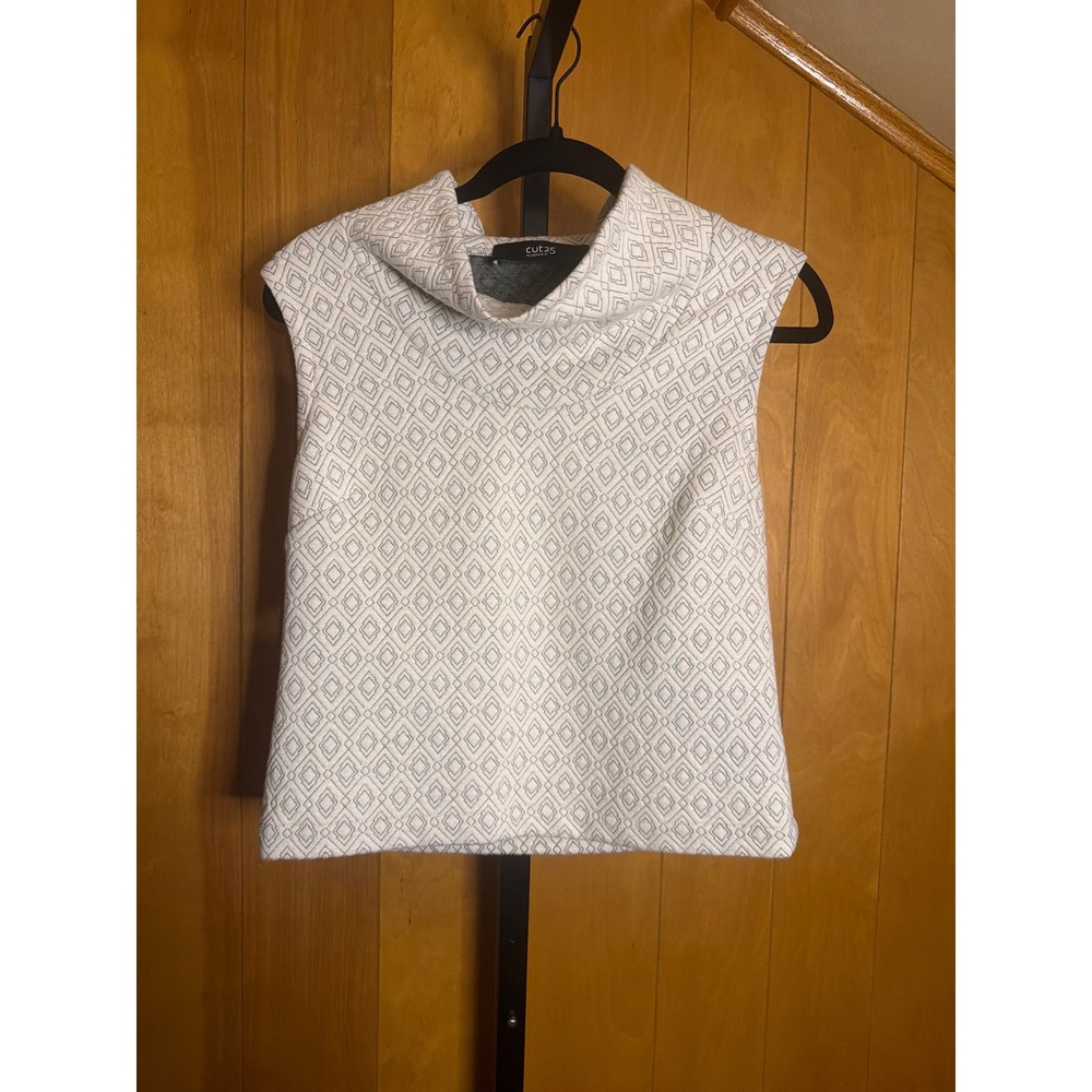 Cut25 by Yigal Azrouel Cream Black Geometric Diamond Funnel Neck Sleeveless Top